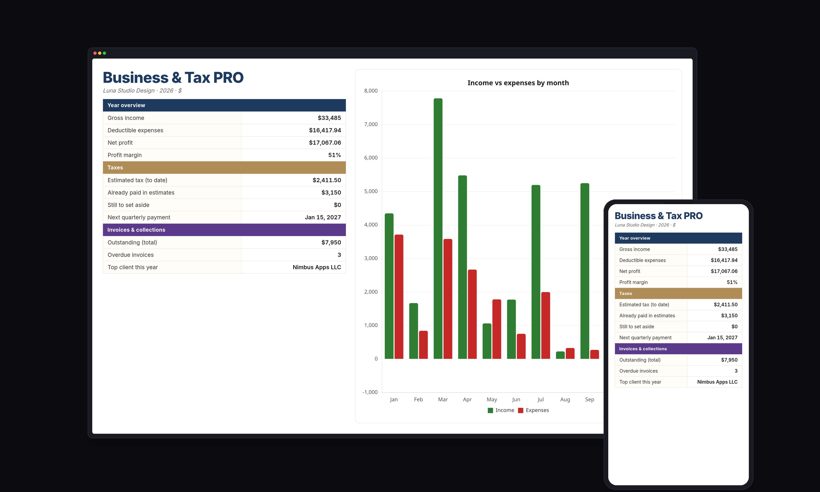 Business & Tax PRO — real dashboard with sample data, laptop and phone